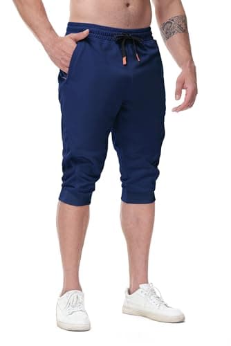 Image of FIRSTGYM Mens Casual Jogger Pants 3/4 Joggers Tapered Fit Workout Gym Training Sweatpants, Navy, Medium