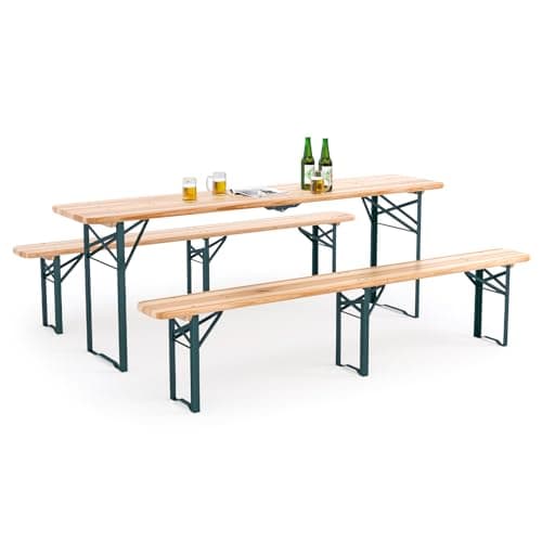 Image of Warmiehomy Picnic Table and Bench Set Folding Wooden Picnic Dining Bench Outdoor Garden Furniture Set for Patio Backyard Garden Lawn BBQ(Trestle Table: 217 x 49 x 76cm, Chairs: 217 x 23 x 46cm)