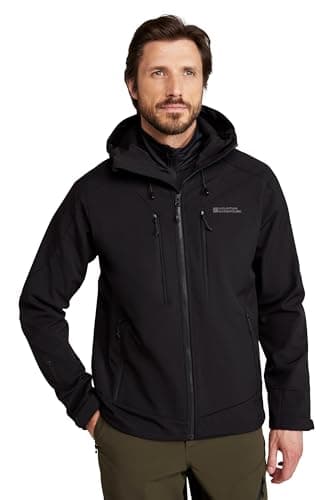 Image of Mountain Warehouse Radius Mens Softshell Jacket - Water Resistant, Breathable, Adjustable Rain Jacket - Best for Spring Summer, Walking, Hiking & Outdoors Black L