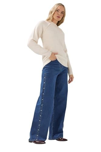 Image of Long Tall Sally - LTS Tall Pearl Detail Cotton Wide Leg Jeans - Women's Dark Blue