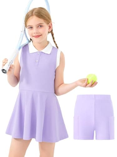 Image of GroYolan Girls Tennis Dress with Shorts Pockets Sleeveless Golf Outfit Athletic Dress for Sports Workout 5-15 Years Purple