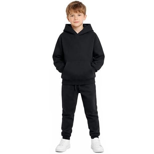 Image of Kids Tracksuit Set, Boys Girls Casual Warm Plain Pullover 300 GSM Long Sleeve Cotton Blend Ribbed Hoodie Top and Joggers Outfit Sets For Sports & Dailywear UK Size 7-14 Years, (Black - 7-8 Years)