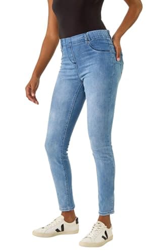 Image of Roman Originals Jeggings for Women UK Jean Ladies Stretchy Trousers Denim Leggings High Waist Rise Pull On Skinny Straight Leg Cotton Pants Smart Casual - Acid Light Blue (31 inch) - Size 8