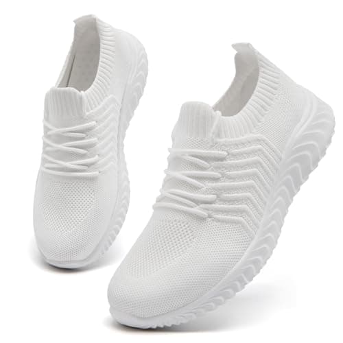 Image of CMZSMM Womens Trainers Running Shoes Work Gym Sneakers Walking Workout Lightweight Breathable Ladies Slip on Trainers Women White Size 5 UK