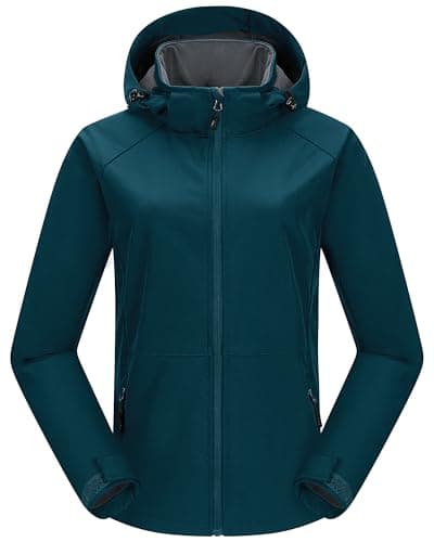 Image of 33,000ft Women's Softshell Jacket Waterproof with Hood Fleece Lined Windproof Windbreaker Warm Winterjacket Lightweight Sportsjacket for Spring Fall Winter, Petrol Blue L