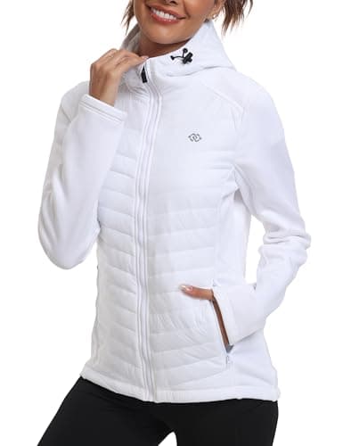 Image of MoFiz Women's Hooded Jackets Lightweight Packable Quilted Padded Jacket Warm Transitional Hybrid Puffer Jacket with Zip Pockets White Size US XL