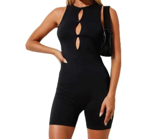 Image of TouKingda Casual Jumpsuit for Women One Piece Bodycon Bodysuit Sleeveless Playsuit Botton Down Seamless Slim Fit Y2K Shorts Yoga Playsuits Jumpsuits Workout Going Outfits, Black/M