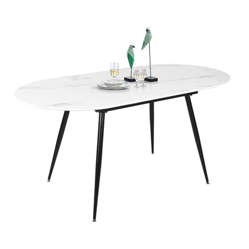 Image of JEFFORDOUTLET Extendable Dining Table, Oval Kitchen Table 120-160 cm for 4-6 Seater, Marble Effect Dining Table with Metal Legs and Hidden Table Leaf, Suitable for Kitchen, Dining Room or Living Room