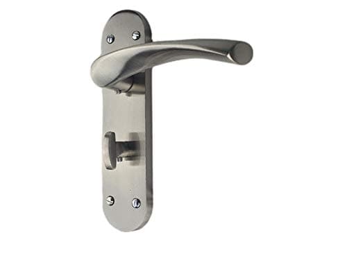 Image of Golden Grace Astrid Bathroom Door Handles On Backplate Satin Stainless Steel Finish
