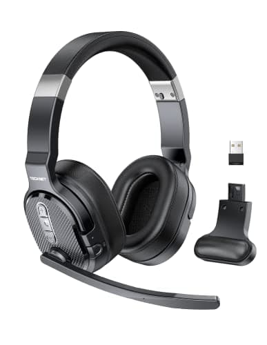 Image of TECKNET Bluetooth Headset with Microphone,2-in-1 Wireless Headset with Microphone,Noise Cancelling Headsets with 3 EQ Modes,Detachable Computer Headsets for office/call center/Skype (bright black)