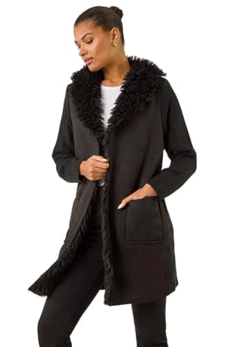 Image of Roman Originals Women Longline Faux Shearling Knit Coatigan - Ladies Everyday Autumn Winter Daywear Waterfall Cosy Warm Knitted Chunky Thick Cardigans Long Sleeve Coatigans - Black - Size 10