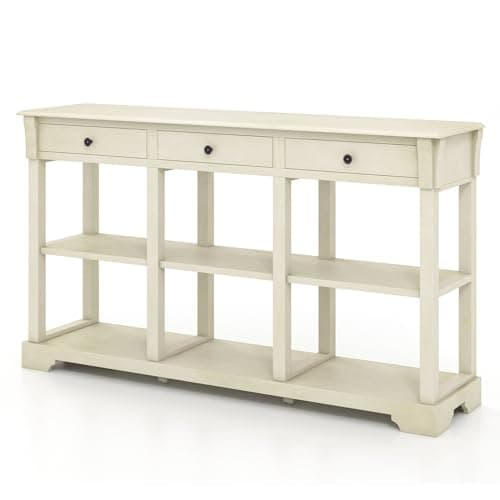 Image of Multigot 132cm/146cm Console Table, Vintage Wooden Entryway Foyer Table with 2/3 Drawers & Open Storage Shelves, Distressed Finish Accent Behind Couch Table (3 Drawer Rectangle Shape, Cream White)