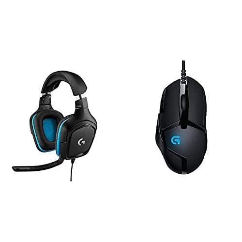 Image of Logitech G G432 Over Ear Headphones, Blue G402 Hyperion Fury FPS 8-Button Gaming Mouse, Monotone