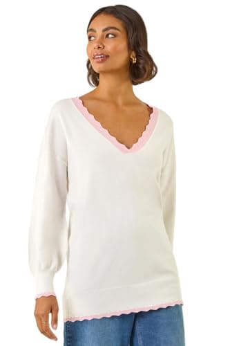 Image of Roman V-Neck Jumper for Women UK Ladies Boyfriend Fit Slouch Sweater Winter Autumn Textured Casual Flattering Knit Pullover Knitwear Daywear Lightweight Lounge - Pale White Pink - Size 16