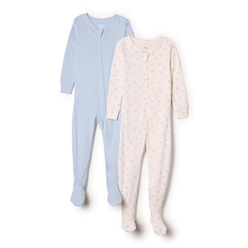 Image of Amazon Essentials x Sofia Grainge Unisex Babies' Snug-Fit Cotton Footed Pyjamas, Pack of 2, Little Bunnies/Pale Blue, 3-6 Months