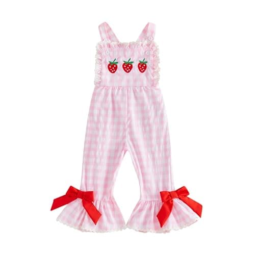 Image of Beinvibe Toddle Baby Girls Summer Outfits Strawberry Embroidery Sleeveless Romper Square Collar Jumpsuits Birthday Gift (Pink, 4-5T)