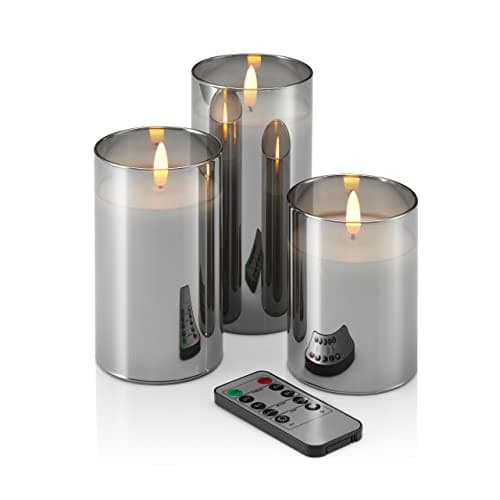 Image of Auraglow Set of 3 LED Battery Operated Remote Controlled Smoked Glass Candles Flameless Real Wax Realistic Flickering Flame Effect with Timer, Light and Brightness Functions