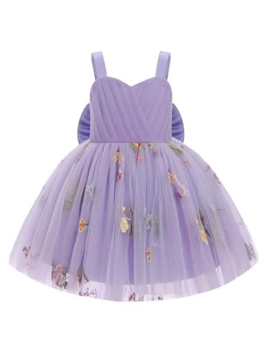 Image of OMEWEE Baby Girl Flower Dress Floral Embroidery Pleated Clothes Ruffle Tulle Tutu Sundress Elegant First Communion Dress Wedding Photoshoot Ball Gown Purple 12-18 Months