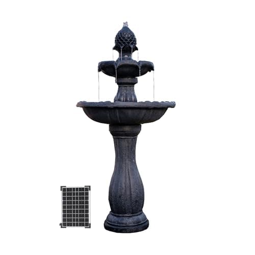 Image of XBrand 44" Tall Black Fiberglass/Resin 2-Tiered Solar Water Fountain w/Solar Panel and Auto-Shut Off Pump for Home Garden Yard Decor