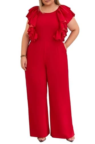 Image of VERWIN Plus Size Ruffle Women's Jumpsuit Plain Full Length Romper Sleeveless Patchwork Overlay Jumpsuit with Pockets XXL Red