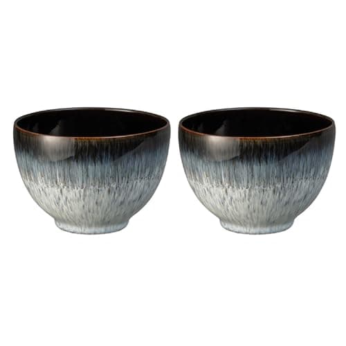 Image of Denby - Halo Deep Noodle Bowls Set of 2 - Reactive Glaze Dishwasher Microwave Safe Crockery 900ml - Black, Grey Ceramic Stoneware Tableware - Chip & Crack Resistant Soup Bowls