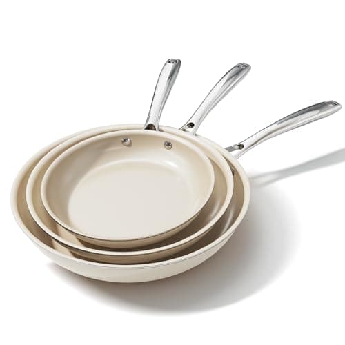 Image of OUBRL Ceramic Nonstick Frying Pans Set, Fry Pan Skillet, Non Toxic Pans for Cooking, Egg Pans，Induction Suitable，PFAS-Free Cookware, Dishwasher Safe, Oven Safe (Cream/White, 20+24+28CM)