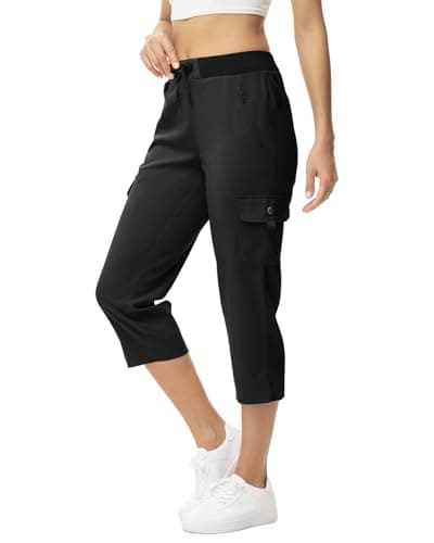 Image of donhobo Womens Cargo Hiking Walking Trousers,Capri Cropped Shorts Trouser Women,Ladies Lightweight Summer 3/4 Length Pants Elasticated Waist Short Quick Dry with 4 Pockets Black M