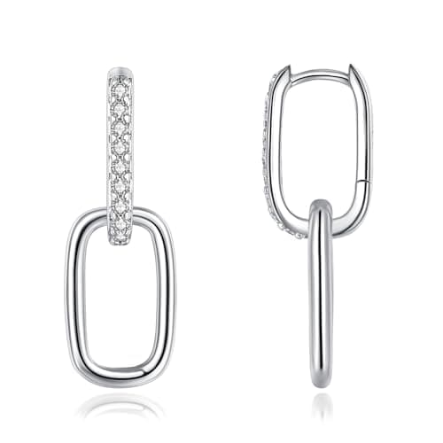 Image of Loutade Convertible Link Earrings for Women, 925 Sterling Silver Double Oval Hoop Earrings, Hypoallergenic Paperclip Chain Link Earrings Silver, CZ Simple Geometric Silver Drop Oval Hoop Earrings