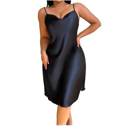 Image of Women's Summer Chemise - Elegant Satin Slip Nightdress, Cowl Neck Negligee, Spaghetti Strap Midi Sleep Dress, Silky Loungewear Lingerie, Casual Nightskirts, Sexy Plus Size Nightgown for Ladies Black