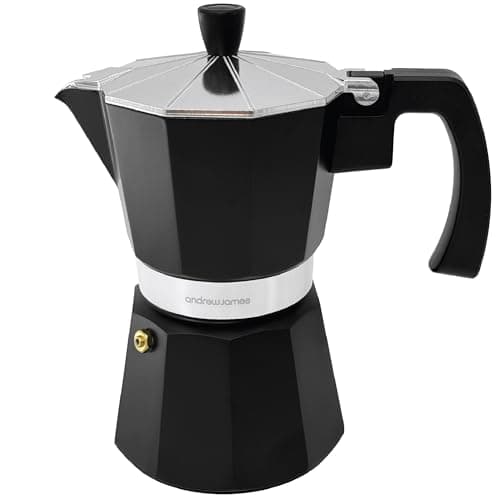 Image of andrew james 6 Cup Moka Pot Coffee Percolator, Italian Espresso Maker Stove top Coffee Maker for Ground Coffee, Aluminium Mocha Pot with Cool Touch Handle (Black)