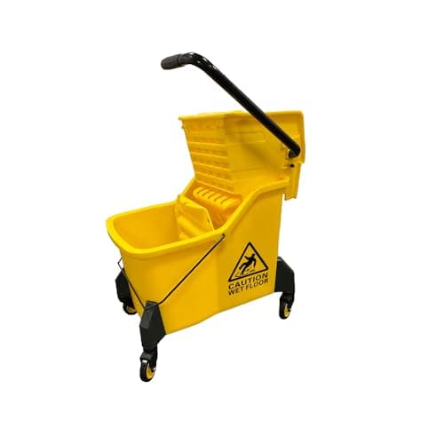 Image of Berry Kentucky Mop Bucket with Wringer | 42L Mop Bucket on Wheels with Handle | Yellow Wringer Trolley with Caution Wet Floor Sign for Cleaning in Restaurants Hospitals Malls