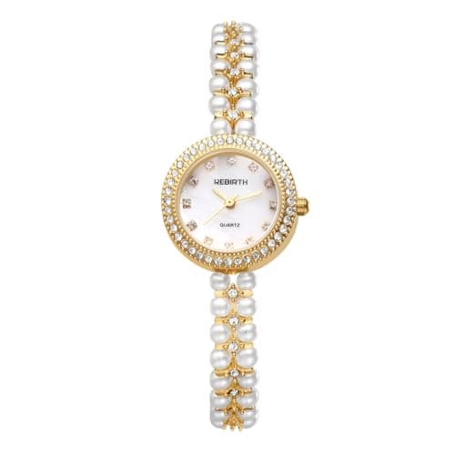 Image of JewelryWe Women's Iced-Out Pearl Watch: Round Analog Quartz Wrist Watch, Stylish Rhinestone, Casual Business Dress Watch