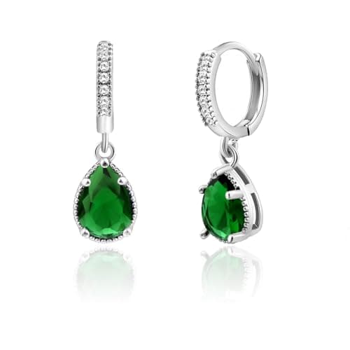 Image of Weviway Silver Emerald Drop Earrings, Teardrop Crystal Hoop Dangle, May Birthstone, Green, Jewellery for Gifts