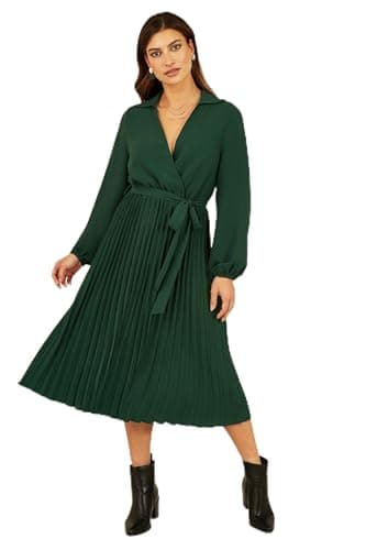Image of Mela London Mela Green Long Sleeve Wrap Pleated Midi Dress Green 10