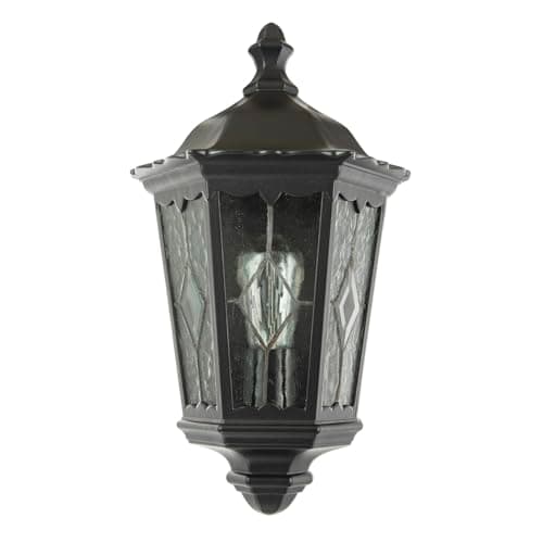 Image of Happy Homewares Traditional Half Lantern Matte Black Outdoor IP44 Wall Lamp with Cathedral Textured Glass | 1 x 11w | 36cm x 26cm x 13cm