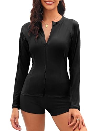 Image of Tuopuda Womens Rash Vest Zip Up Wetsuit Tops Long Sleeve Swimsuit Tops Quick Dry Surf Tops UV UPF 50+ Swim Shirt Sun Protection Swimwear(Black-2,M)