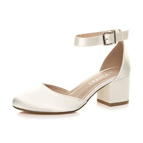 Image of AJVANI Low mid Block Heel Ankle Strap Court Shoes Sandals Ivory Satin