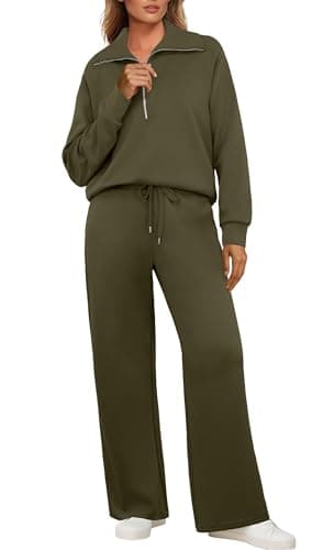 Image of GRECERELLE Tracksuit Womens Full Set Autumn Lounge Wear Sets for Women Activewear Two Piece Outfits Long Sleeve Half Zip Casual Pullover Tops and Jogging Bottoms with Pockets (Army Green, XL)