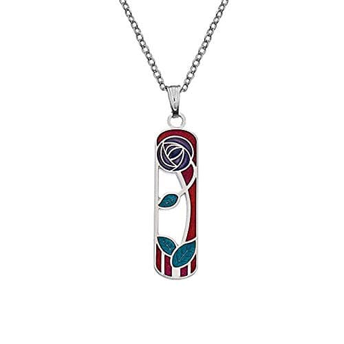 Image of Rennie Mackintosh Inspired Enamelled Rectangle 32mm Rose & Leaf Coil Necklace Pendant On 16 Inch Chain In Presentation Box (Red)