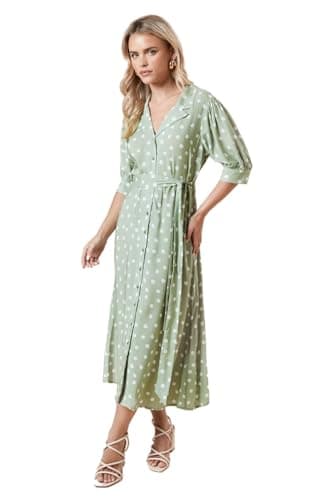 Image of Dorothy Perkins Petite Green Spot Belted Puff Sleeve Shirt Dress, 10, Green