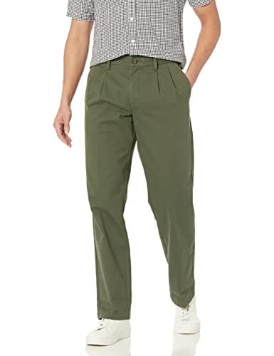 Image of Amazon Essentials Men's Classic-Fit Wrinkle-Resistant Pleated Chino Trousers (Available in Big and Tall), Dark Olive, 46W / 30L