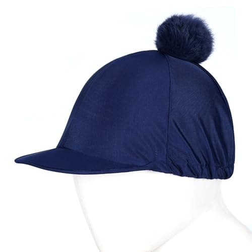Image of Gallop Shop Equestrian Helmet Cover, Lycra Riding Hat Silk with Pom Pom (Navy)