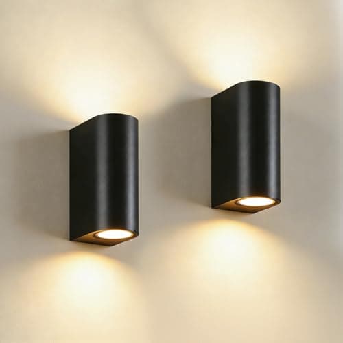 Image of EBION Outdoor Wall Lights 2 Pack,Up Down Outside Lights Mains Powered GU10,Black Plastic Exterior Wall Sconce IP44 Waterproof,Garden Wall Lamp for Front Door,Garage,Porch,Patio(Bulb not inc.)