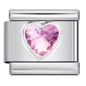 Image of Mon & Sons February Pink Amethyst Smooth Love Heart Month Birth Year Birthday Stone Anniversary Birthstone Crystal Silver Italian 9mm Link Stainless Steel Bracelet Charm Compatible With 9mm Link