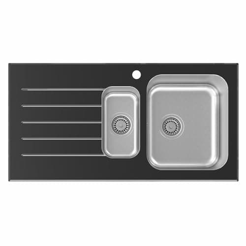 Image of SÄUBER® 1000 x 500mm Stainless Steel Kitchen Sink Black Glass Surround 1.5 Bowl Inset Drop in Installation, Left Hand Drainer, 18/8 Grade Steel Sinks, Free Basket Strainer Waste