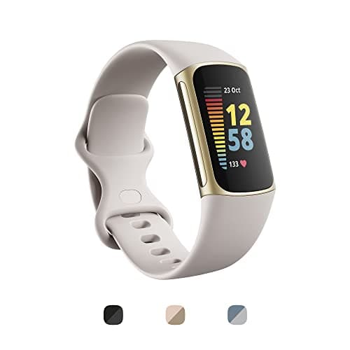 Image of Fitbit Charge 5 Activity Tracker with 6-months Premium Membership Included, up to 7 days battery life and Daily Readiness Score, Lunar White / Soft Gold Stainless Steel