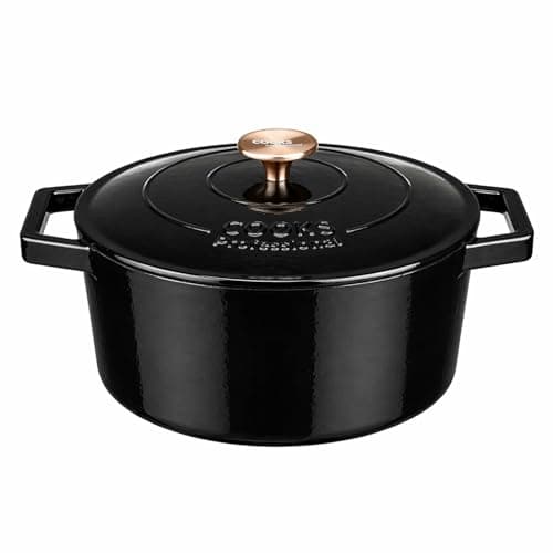 Image of Cooks Professional 26cm Cast Iron Casserole Dish 5.8L with Lid & Handles | Colourful Modern Design Enamelled Cooking Pan Pot | Suitable For All Hobs Inc Induction | Oven & Grill Safe | Shiny Black