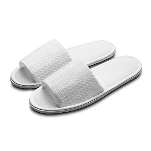 Image of echoapple 5 Pairs of Waffle Open Toe White Slippers-Two Size Fit Most Men and Women for Spa, Party Guest, Hotel and Travel(Medium, White-5 Pairs)