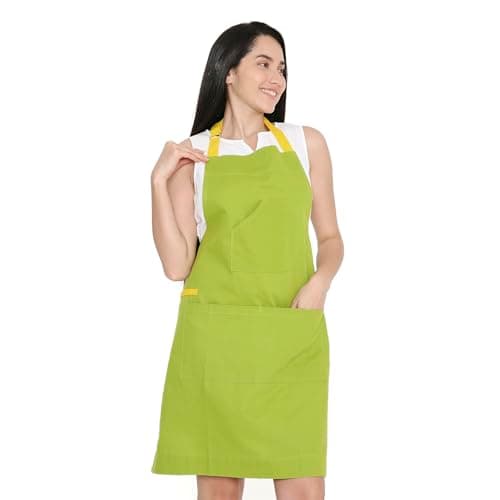 Image of Encasa XO Adjustable Kitchen Cotton Apron With Pockets & Towel Holder Of Size 68x85 cm (Lime Green) for Men & Women Chefs For Cooking & Baking in Home, Restaurants & Barbeque