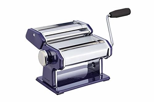 Image of KitchenCraft World of Flavours Pasta Maker, Manual Pasta Machine with 9 Adjustable Thickness, Italian Deluxe Double Cutter, Stainless Steel, Blue